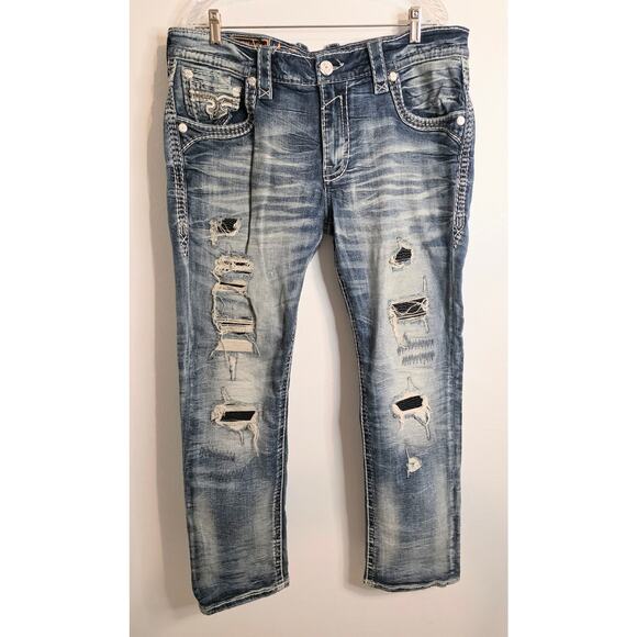 Rock Revival Hektor Alt Straight Men's Jeans 38/32 Medium Washed Very Distressed